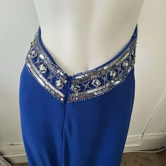 Betsy And Adam Beaded One Shoulder Floor Length Dress Gown 4 Blue Winter Holiday - Picture 5 of 13